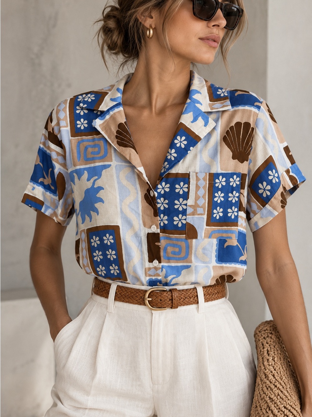 SABO Australia Linen Cotton Coastal Print Button Up Shirt XXS